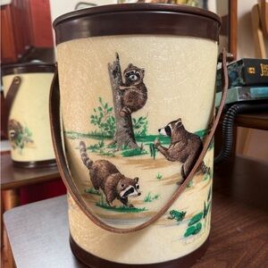 Vintage 70s Raccoon Ice Bucket Cream Brown leather handle Bacova Guild Antique
